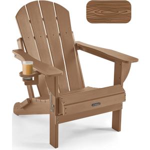 Ciokea Folding Adirondack Chair Wood Texture, Patio Adirondack Chair Weather Resistant, Plastic Fire Pit Chair with Cup Holder, Lawn Chair for Outdoor Porch Garden Backyard Deck (Teak)