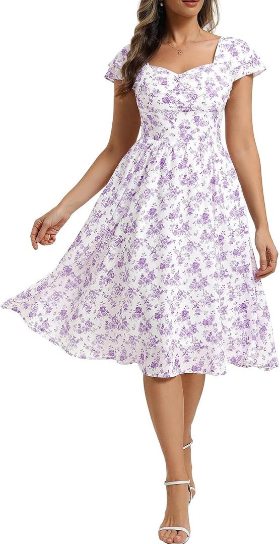 Belle Poque Women's Sweatheart Neck Ruffle Cap Sleeve Floral Dress 2026 Summer Ruched Midi Elegant Cocktail Party Dress, Medium