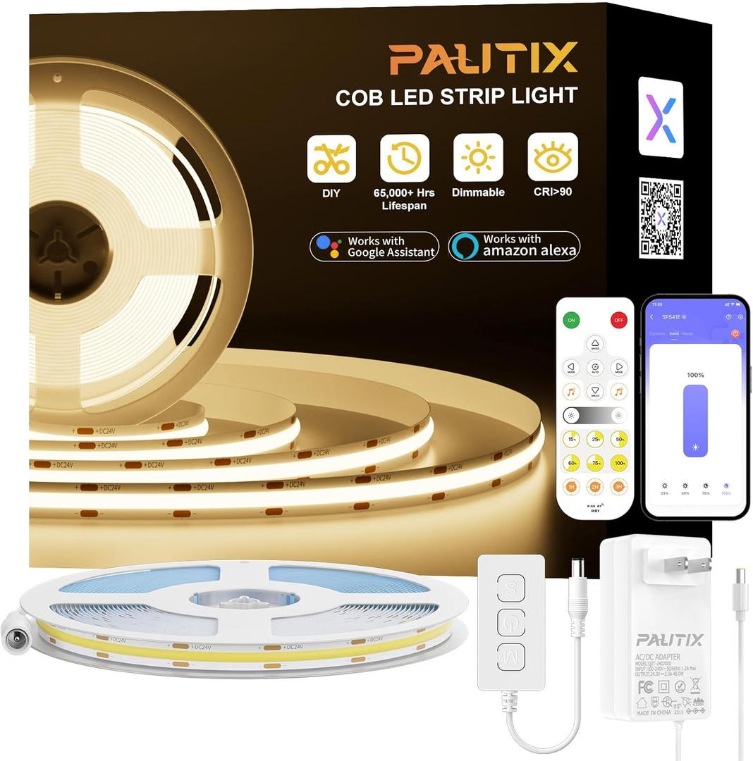 PAUTIX COB LED Strip Light 20ft/6.1m,Compatible with Alexa/Google Assistant,4800LEDs Warm White 3000K,CRI93+ Super Bright High Lumen,Dimmable 24V Flexible LED Light Strip,for Home&Office DIY Lighting