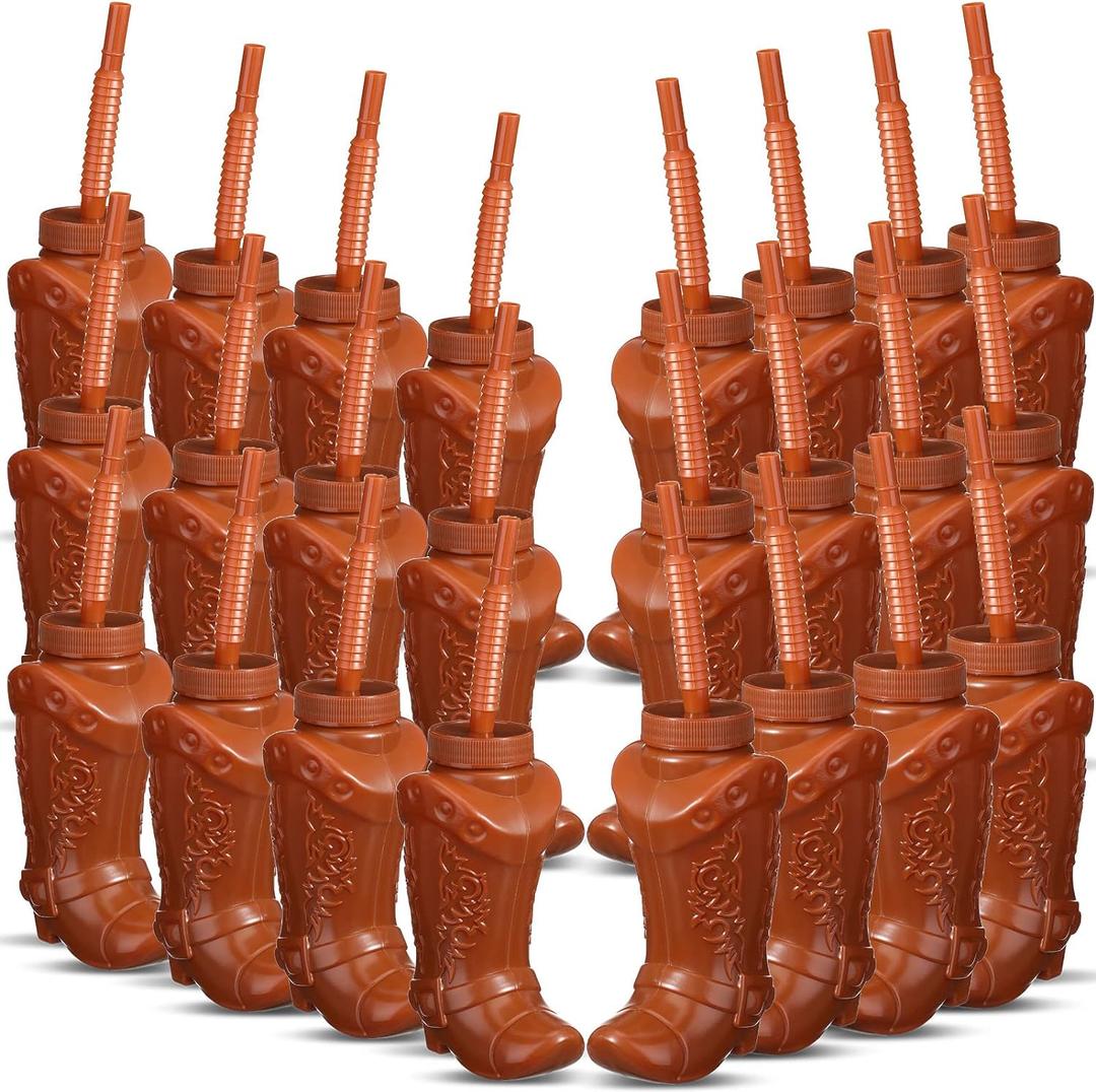 Hoolerry 10 oz Plastic Cowboy Boot Cups with Straws and Lids Plastic Cowboy Cups for Western Themed Party Supplies and Rodeo Party Decorations (Brown,24 Pcs)