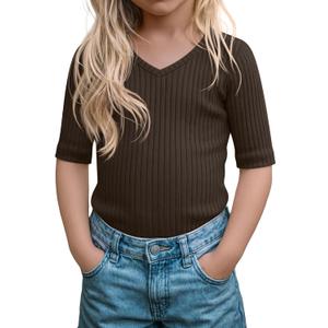 Toddler Girls Short Sleeve Shirt Cotton Ribbed Slim Fit V Neck Elbow Length Casual Soft Basic Top Kids Summer Tee (Brown)