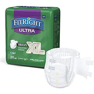 FitRight Ultra Adult Diapers, Disposable Incontinence Briefs with Tabs, Heavy Absorbency, X-Large, 57"-66", 4 packs of 20 (80 total)
