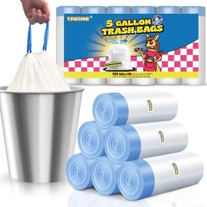 5 Gallon Trash Bags Drawstring 1.1 Mil - 120 Count 18 Liter Small Garbage Bags for Bathroom, Strong Unscented White Plastic Wastebasket Bin Liners for Kitchen Office Toilet and Bedroom