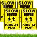 4 Pieces Slow Down Kids At Play Sign with Metal Stake, 12 x 16 Inch Kids At Play Safety Signs, Double Sided Child Safety Caution Signs, Children Sign for Street, Lawn Neighborhoods, Yellow