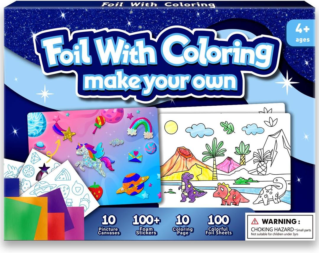 2 x Foil Art & Coloring Page, 2 in 1 Art and Craft Activity for Kids,Fun Crafts Kits & Supplies,Creative Travel Toys,Gifts for Boys & Girls Ages 4, 5, 6, 7, 8, 9 Years Old (Blue)