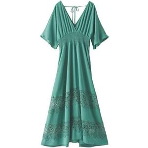 Olaesa Women's Lace Maxi Dress Short Sleeve V Neck Party Dress Smocked Waist Boho Maxi Dress Bohemian Dress for Women XL