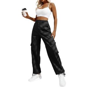 Lepunuo Women's High-Waisted Cargo Pants Travel Y2K Streetwear Baggy Stretchy Pants with 6 Pockets Drawstring Ankle Cuffs, M