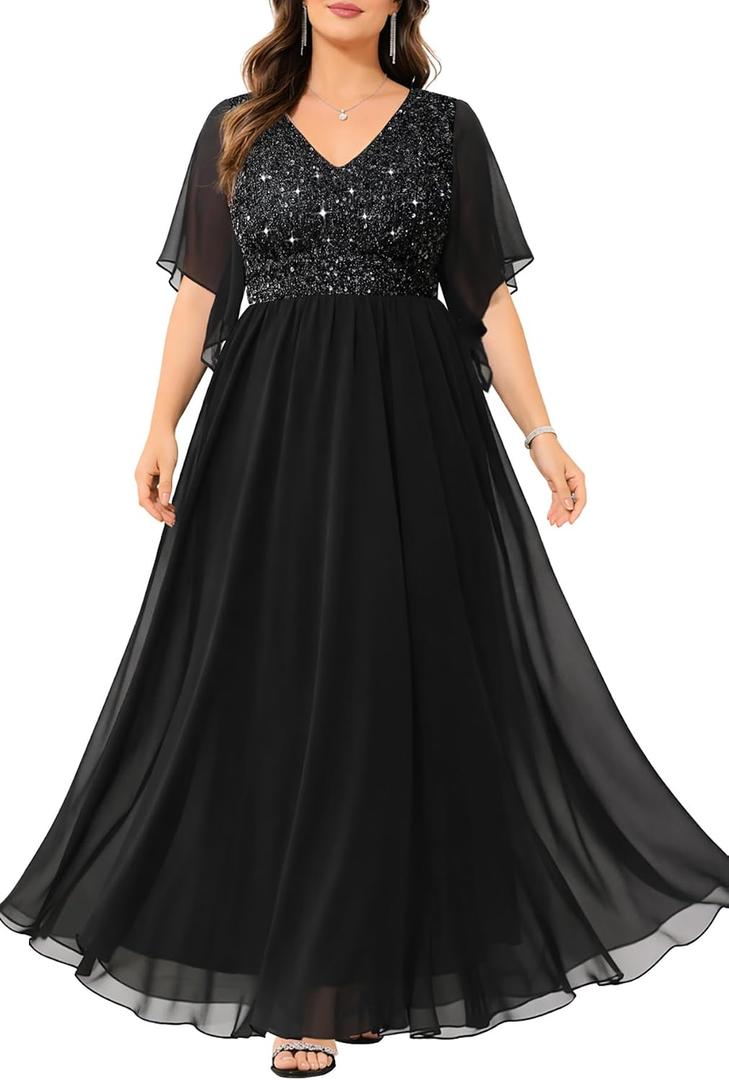 Pinup Fashion Women Plus Size Formal Dresses - Sequin Evening Gown Prom Wedding Guest Floor Length Dress 24 Plus