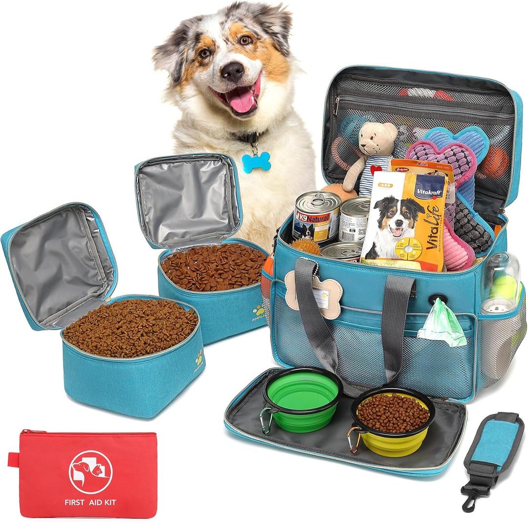 Dog Travel Bag for Traveling| Week Away/Overnight Travel Accessories with Multi-Function Pockets|Pet Travel Set for Dog and Cat|Ultimate Gift for Dog Moms &Dads, Doggy Lovers &Pet Owners (Sea Blue)