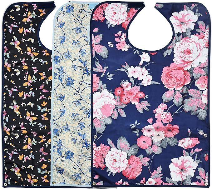 Celley 3 Pack Adult Bibs for Eating with Crumb Catcher Washable and Reusable Clothing Protectors for Elderly Women