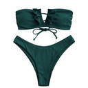 ZAFUL Women's Strapless Ribbed V Wired Lace Up Ruffle Tie High Cut Bandeau Swimsuits Bikini Set, Large