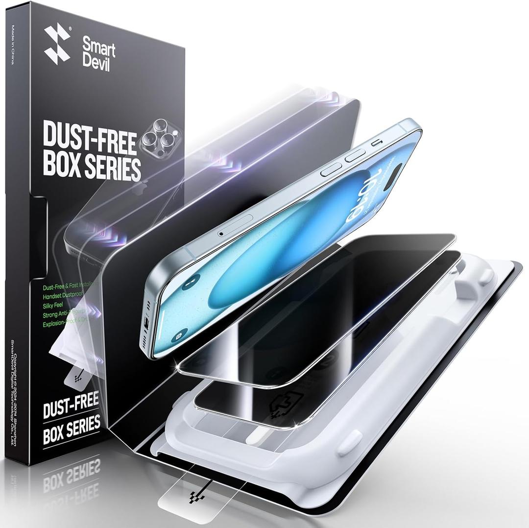 SMARTDEVIL 2 Pack Privacy Screen Protector for iPhone 15, [Anti-Spy] [Military-Grade Shatterproof & 9H Hardness] Tempered Glass, [Easy Installation] Bubble-Free & Case-Friendly, Dust-Free Box
