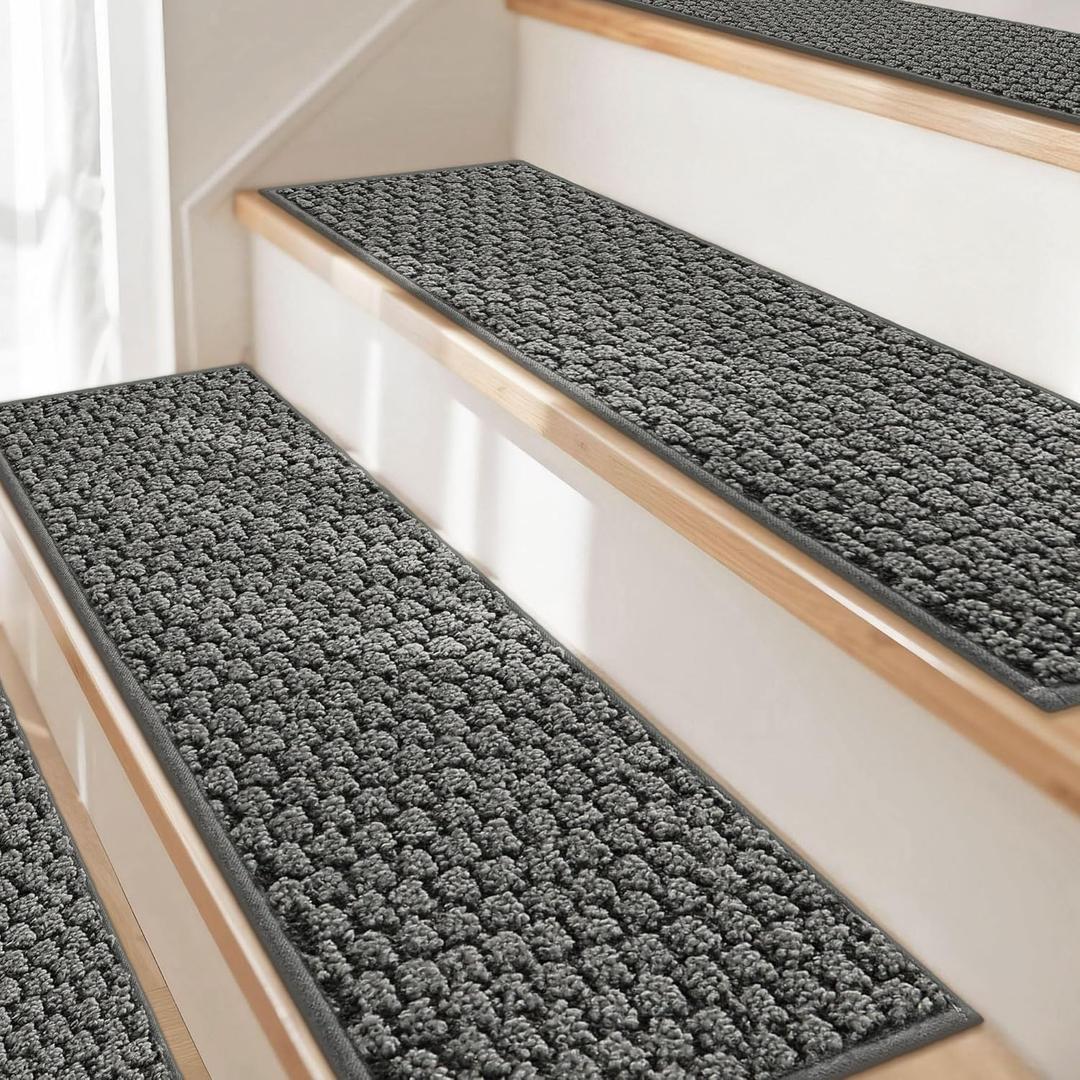 JSEI Stair Treads for Wooden Steps, 14 Pack 9" X 28" Non-Slip Machine Washable Carpet Stair Treads with TPE Backing, Soft Indoor Stair Rug Runner for Kids Elders & Pets, 100% Polyester, Light Grey