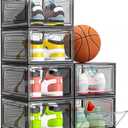 7 Code Thicken & Sturdy Clear Shoe Storage Organizer with Magnetic Door, Stackable Boxes for Closet, Foldable Shoe Rack for Sneaker Boot Container, Plastic Shoe Cabinet Shoe Box 6 Pack, Black