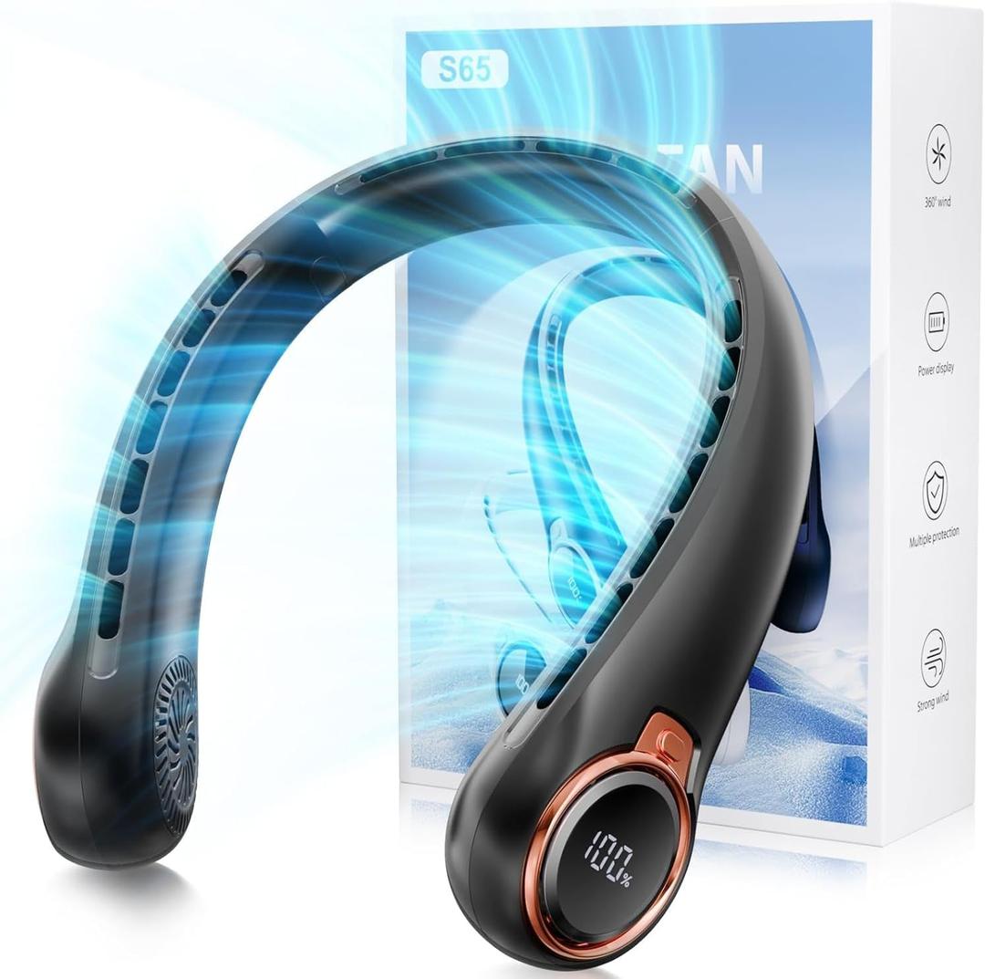 Portable Neck Fan with 6000mAh USB - Rechargeable Battery, Ultra-Light Bladeless Neck Fan LED Display, 360 Cooling Wearable Fan, 3 Speeds (black)