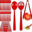 24 Pcs Serving Utensils Set - 8 Tongs, 8 Spoons, 8 Forks | Heavy Duty Plastic Disposable Red Party Supplies for Buffet, Holiday Events Catering Restaurant Dinner Salad Noodles Soup and Daily Use