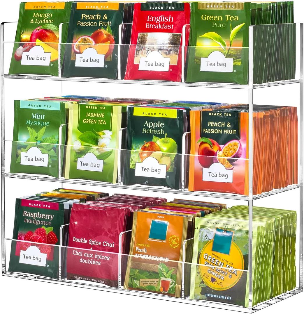 BEYGORM Acrylic Tea Bag Organizer for 216 Tea Packets, No Assembly Required, Display Holder for Countertop or Cabinet (12 Compartments)