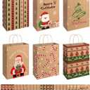 SUNEE Christmas Gift Bags, 24 Pack Christmas Bags for Gifts with Handles, 6 Assorted Kraft Paper Gift Bags Bulk with Xmas Tree, Santa Claus, Candy Designs, 7.28*3.15*8.7 Goodie Bags for Kids, Small Size