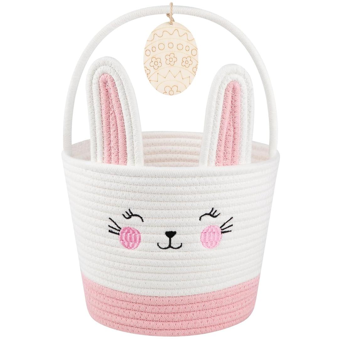 OIASKET Personalized Easter Basket for Toddler, Woven Baby Easter Gifts Basket with Handle, Empty Bunny Egg Basket for Girls Boys Kids, Pink&White (7.87" x 7.87"/8L)