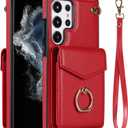 Asuwish Phone Case for Samsung Galaxy S23 Ultra 5G Wallet Cover with Screen Protector and Ring Stand Credit Card Holder Leather Kickstand Cell Accessories S23ultra 23S S 23 S23ultra5g Women Men Red