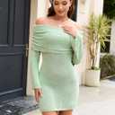 Women's Off Shoulder Cover Ups Summer Beach Swimsuit Long Bell Sleeve Sheer Dress Bathing Suit Coverup (Green, L)