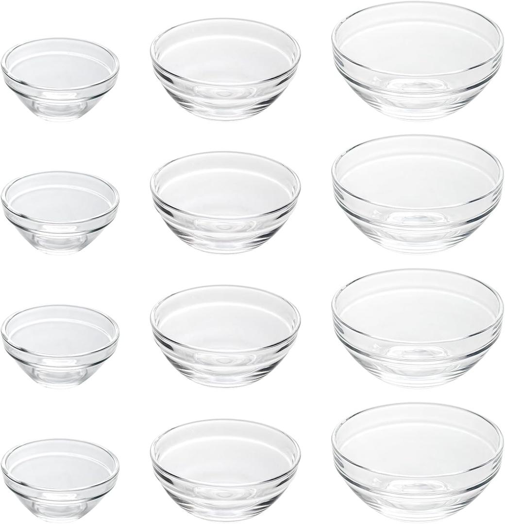3 Sizes of Clear Glass Bowls, 2.5, 3.5 & 8.5 oz, Small Prep Bowls for Salt, Herbs, Spices and Dry Ingredients, Set of 12