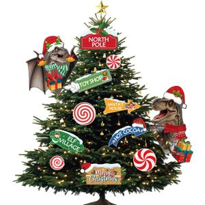 2 x 12 Pcs Funny Dinosaur Christmas Tree Topper, Funny Christmas Tree Hanging Ornaments Includes Merry Christmas North Pole Sign, Dinosaur Xmas Decorations for Tree Home Party