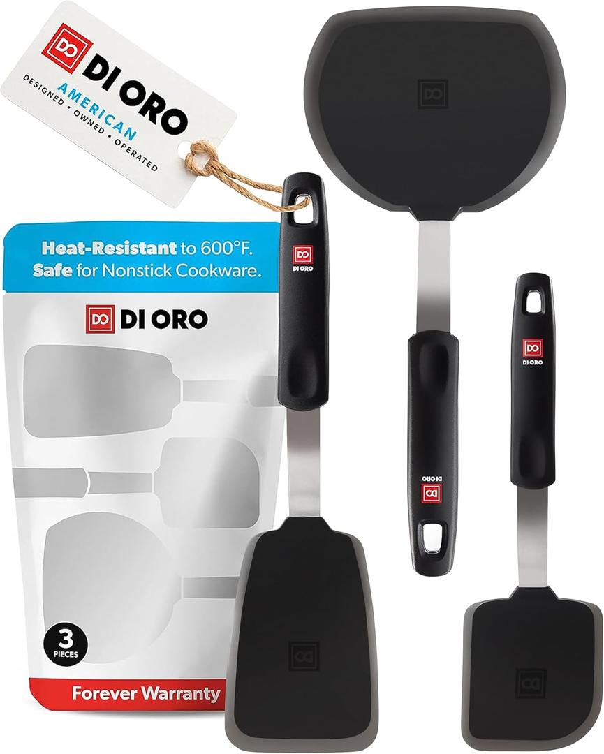 DI ORO Spatulas for Kitchen Use - 600F Heat-Resistant Silicone - Turner Spatula Set for Cooking - BPA Free Wide Pancake Spatulas - Egg Flippers for Nonstick Cookware Safe (3pc)