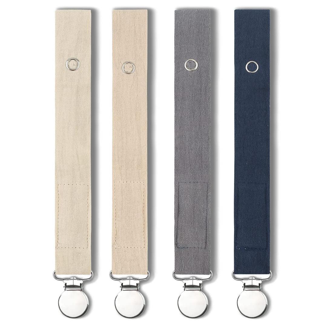 Baby Pacifier Clip Leash Holder Unisex for 4 Pack Gift Set with Neutral Solid Colors ;Soft Linen Pacifier Clips ; Fabric Pacifier Strap with Clip Keeps Pacifiers & Teethers in Place (Blue)