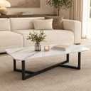 Coffee Table for Living Room, 39.37 Inch Faux Marble White Table with Black Metal Frame, Modern Center Table with Rounded Corners, Adjustable Non-Slip Feet, Apartments and Small Spaces, 39.37 x 21.6 x 18.11 inches