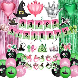 Witch Birthday Party Decorations,Pink and Green Witch Theme Girls Happy Birthday Decorations include Banner, Balloons,Witch Paper Glasses,Foil Curtains,Swirl Decors,and Witches Crown Balloons