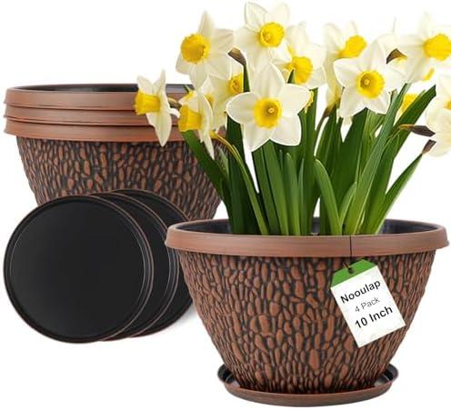 Nooulap 3 Pack 10 Inch Plant Pot, Flower Pots Outdoor with Drainage Hole & Tray, Thickened Plastic Planters for Indoor Outdoor Plants, Lightweight Modern Decorative Garden Pot with Saucer