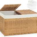 Storage Basket with Lid Wicker Baskets for Storage with 2 Separate Lid 42.3 Gallon (160 L) 29.9 x 17.3 x 18.1 Inches Rattan Woven Large Wicker Basket with 2 Liners for Bedroom Laundry Natural