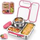 Stainless Steel Bento Box Kids Adult with 7oz Soup Thermo, Transparent Lid 3 Compartments Metal Bento Lunch Box with Insulated Food Jar,Lunch Box Container Sauce Cup for School,BPA-Free (Pink)