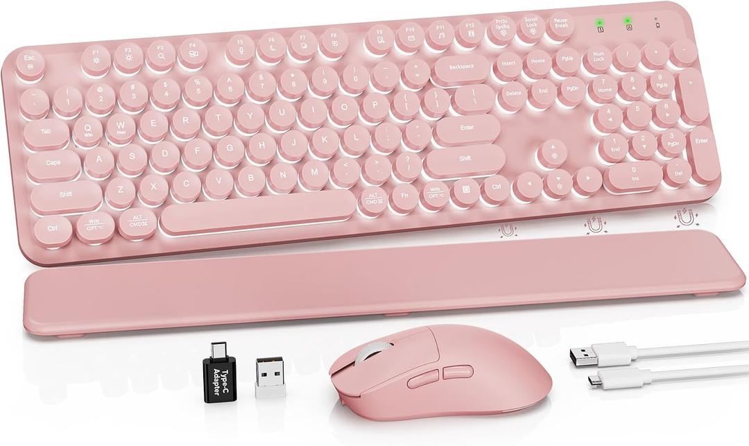 Rechargeable Backlit Wireless Keyboard and Mouse Combo, Retro Typewriter Keyboard with Magnetic Wrist Rest, Light Up Letters, 2.4GHz Cordless Connection for Mac, Windows PC, Laptop (Glowing Pink)