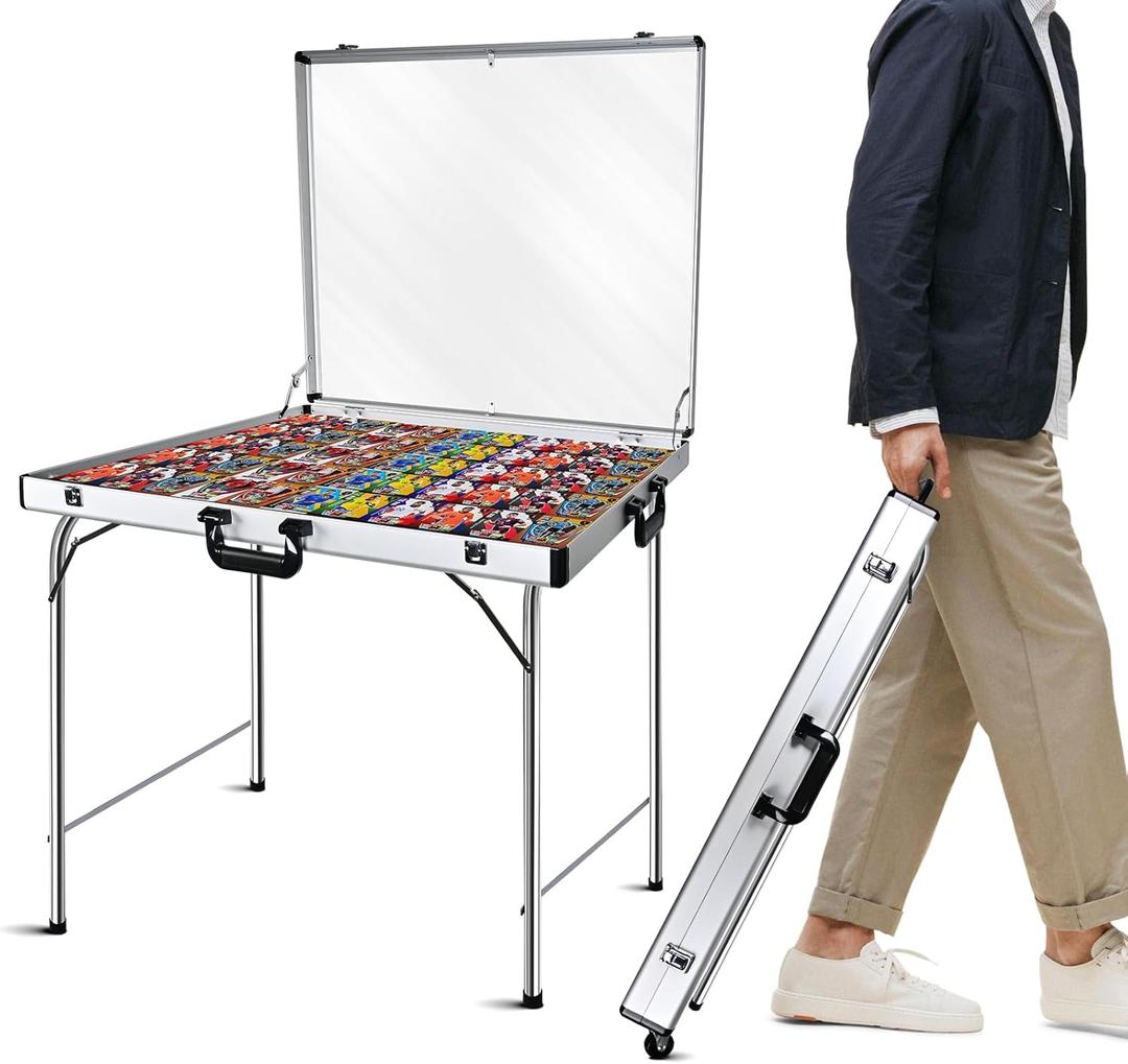 Trade Show Display Case for Cards 34" x 22" Aluminum Portable Locking Display Case with Wheels and Foldable Stand, Clear Acrylic Top Tabletop Showcase for Jewelry, Collectible & Sports Cards