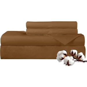 ROYALE LINENS 300 Thread Count 100% Long Staple Combed Cotton Sheet Set - 4 Piece Queen Bed Sheets - 1 Fitted, 1 Flat & 2 Pillow Cases - Soft Cool & Crisp Sheet Set (Queen, Chocolate)