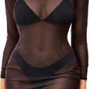 Daci Women's Sexy Sheer Mesh Swimsuit Cover up with Long Sleeves Beach Dress Bodycon Style (XX-Large, Black)