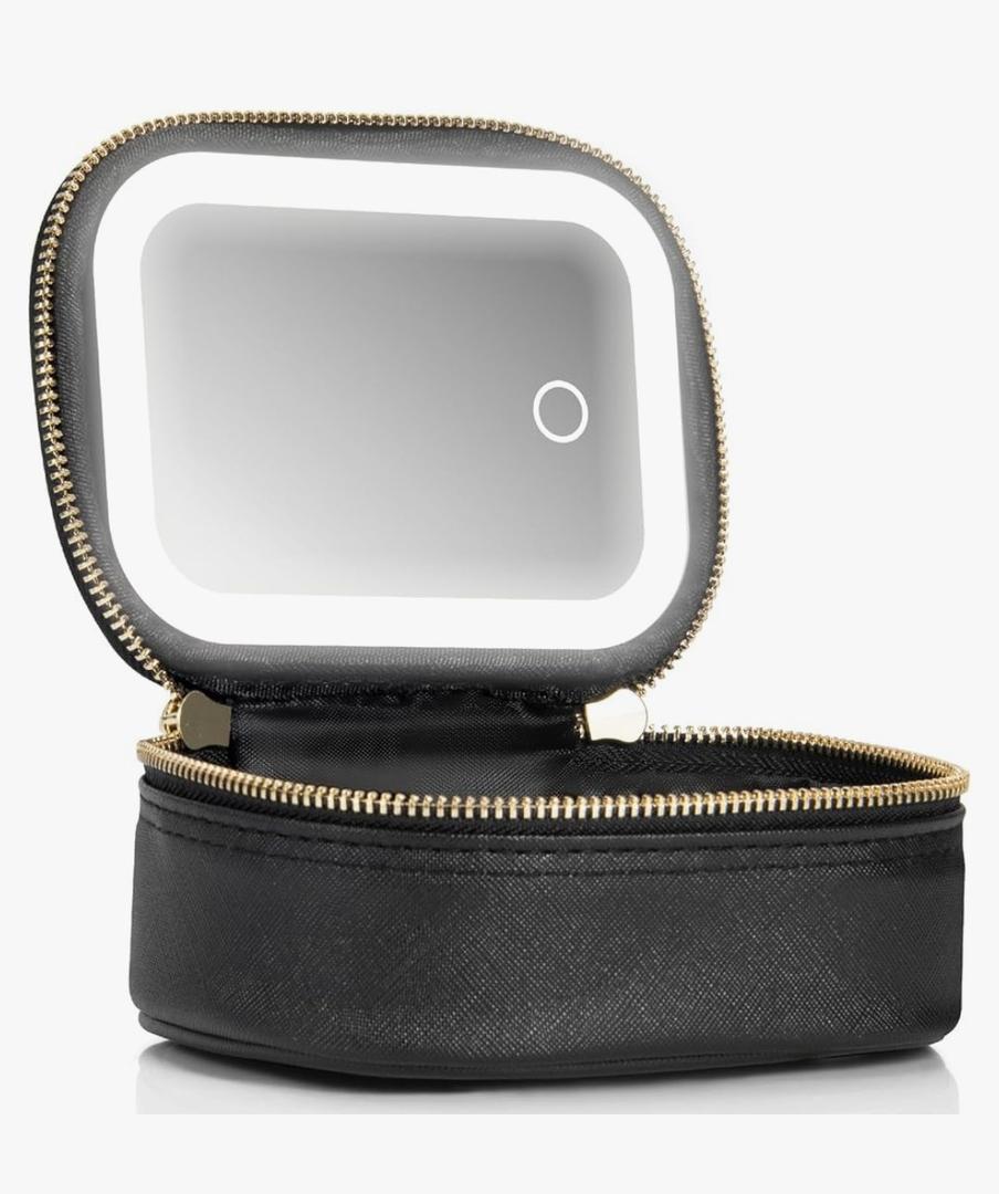 Small Makeup Bag with Led Mirror, Mini Travel Make up Bag 3 Light Modes Adjustable Brightness, for Women Organizer Cosmetic Bag, Portable Travel Train Toiletry Bag, for Pool Parties Work Touch-Ups