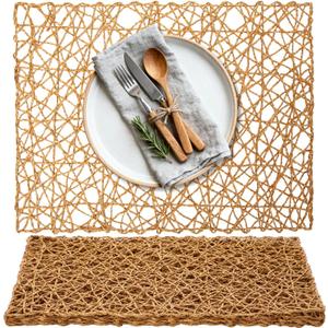 LemonRoad 6 Pcs Paper Rectangle Placemats 16 x 12 Inch Braided Placemats for Christmas Dinner Plates Woven Pattern Rectangle Decorative Table Mats for Holiday Xmas Home Dining Table Decor (Brown)