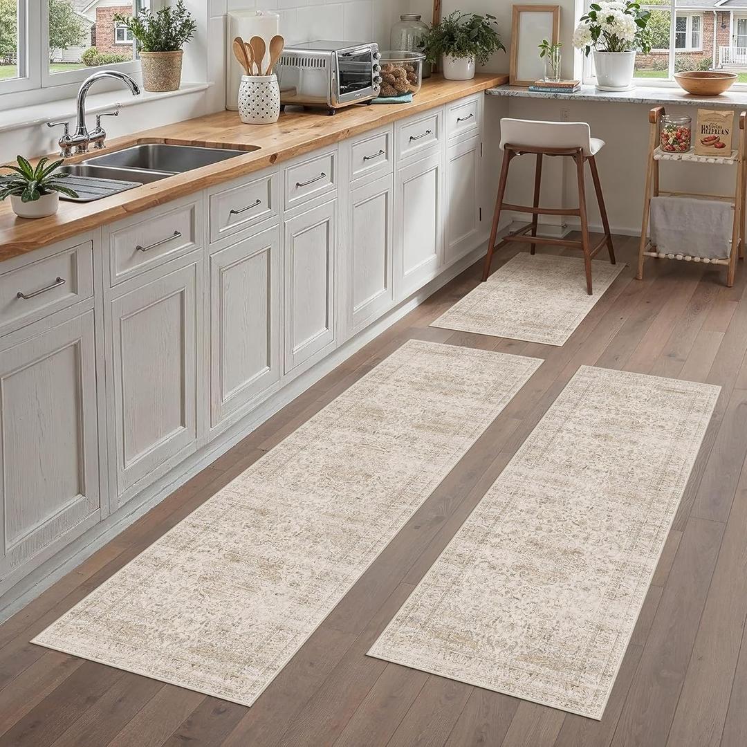 Vintage Kitchen Rug Set of 3 Washable Beige Kitchen Mats for Floor Non-Slip Kitchen Runner Rug Soft Low Pile Distressed for Bathroom Laundry Hallway Sink Entryway