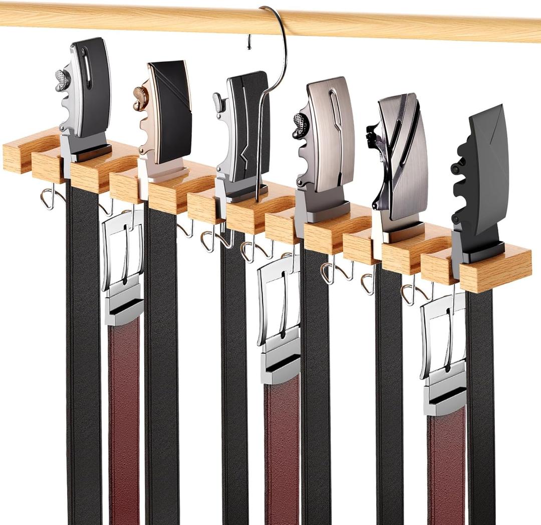 Belt Hanger for Closet Max 42 Belts, 2-in-1 Wall Mount Belt Organizer with 360 Rotating Hooks, Wooden Tie and Belt Rack for Closet Accessories Organizers and Storage, 12+11 Storage
