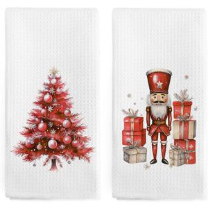 Red Nutcracker Christmas Tree Kitchen Towels Set of 2, Red Nutcracker Decor Hand Towels for Bathroom, Winter Xmas Tree Dish Tea Towel for Kitchen, Christmas Bathroom Decor, 16x24 Inch