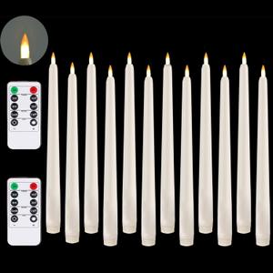 Fireless Window Candle, Cone Battery Powered LED Timed Warm 3D Wick Candle Plastic with Base, 12 Piece Set with 10 Key Remote, Home Wedding Decor (0.78x9.84 inches)