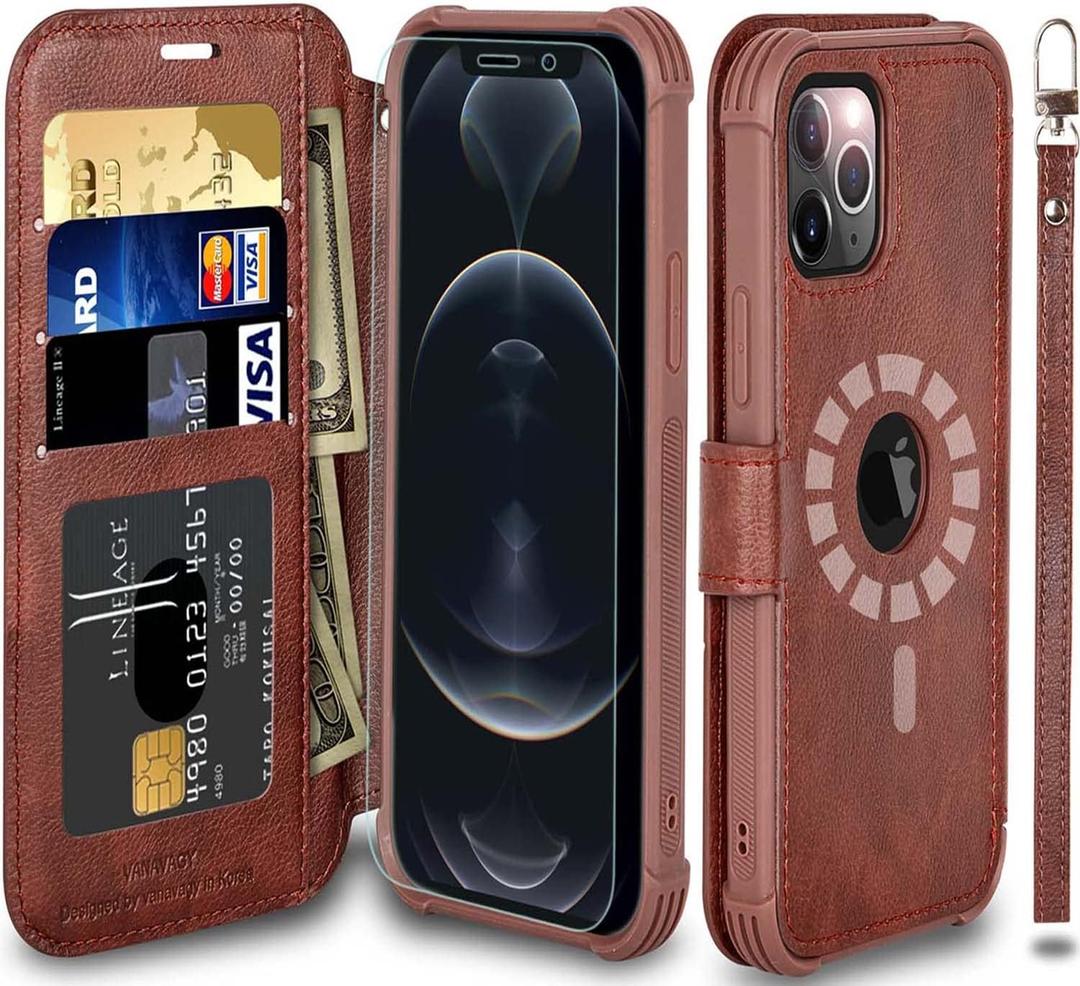 VANAVAGY Compatible for iPhone 13 Pro Wallet Case for Magsafe Wireless Charging, PU Leather Flip Folio Phone Case with Wrist Strap RFID Blocking Card Holder Screen Protector,Brown