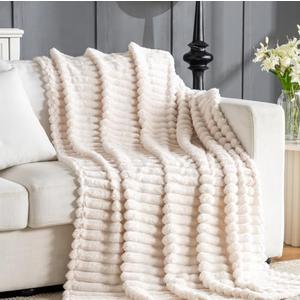 Wider Striped 380gsm Thick Beige Throw Blanket for Couch Super Soft Cozy Blankets for Women Fuzzy Fleece White Blanket for Bed Sofa 84x 90 inches