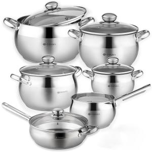 Daniks Classic 11-Piece Stainless Steel Cookware Set with Glass Lids, Includes Saucepan and Frying Pan with Lid, Tri-Ply Bases for Even Heating, Induction Compatible, Dishwasher Safe