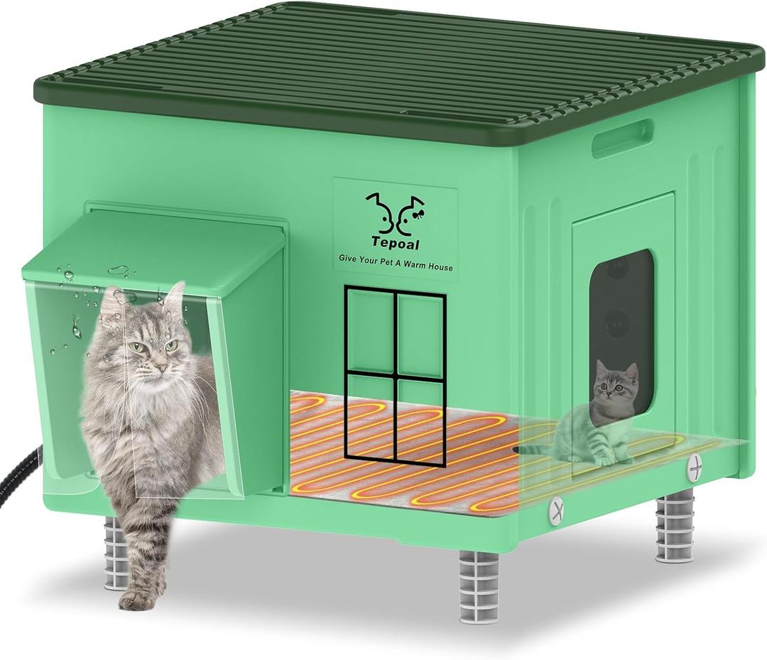 Indestructible Heated Cat House for Outdoor Cats in Winter, 100% Waterproof & Weatherproof Heated Cat House for Outside, Fully Insulated Feral Cat Shelter for Outdoor Barn Strays, 17.7 x 15 x 17.5 in
