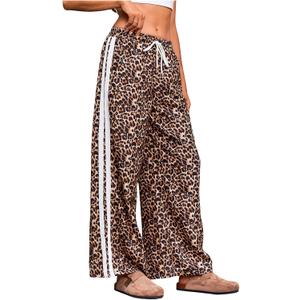 MakeMeChic Women's Leopard Print Pants Cheetah Sweatpants Drawstring Waist Wide Leg Baggy Jogger Pants, Large