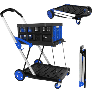 OSWIN Folding Trolley with Wheels, Double Layer Portable Trolley Shopping Carts, Folding Shopping Cart with Storage Crate, Office Folding Cart, Multi Use Functional Collapsible Carts for Supermarket